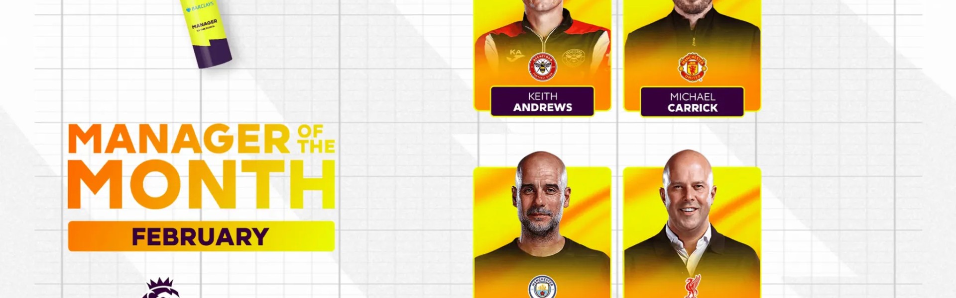 英超2月最佳主帅候选：瓜迪奥拉，卡里克，斯洛特，安德鲁斯