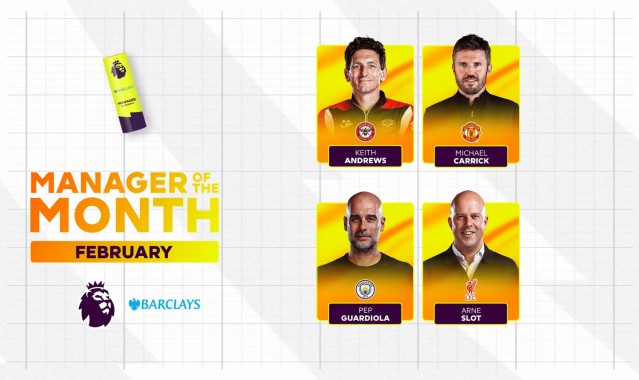 英超2月最佳主帅候选：瓜迪奥拉，卡里克，斯洛特，安德鲁斯